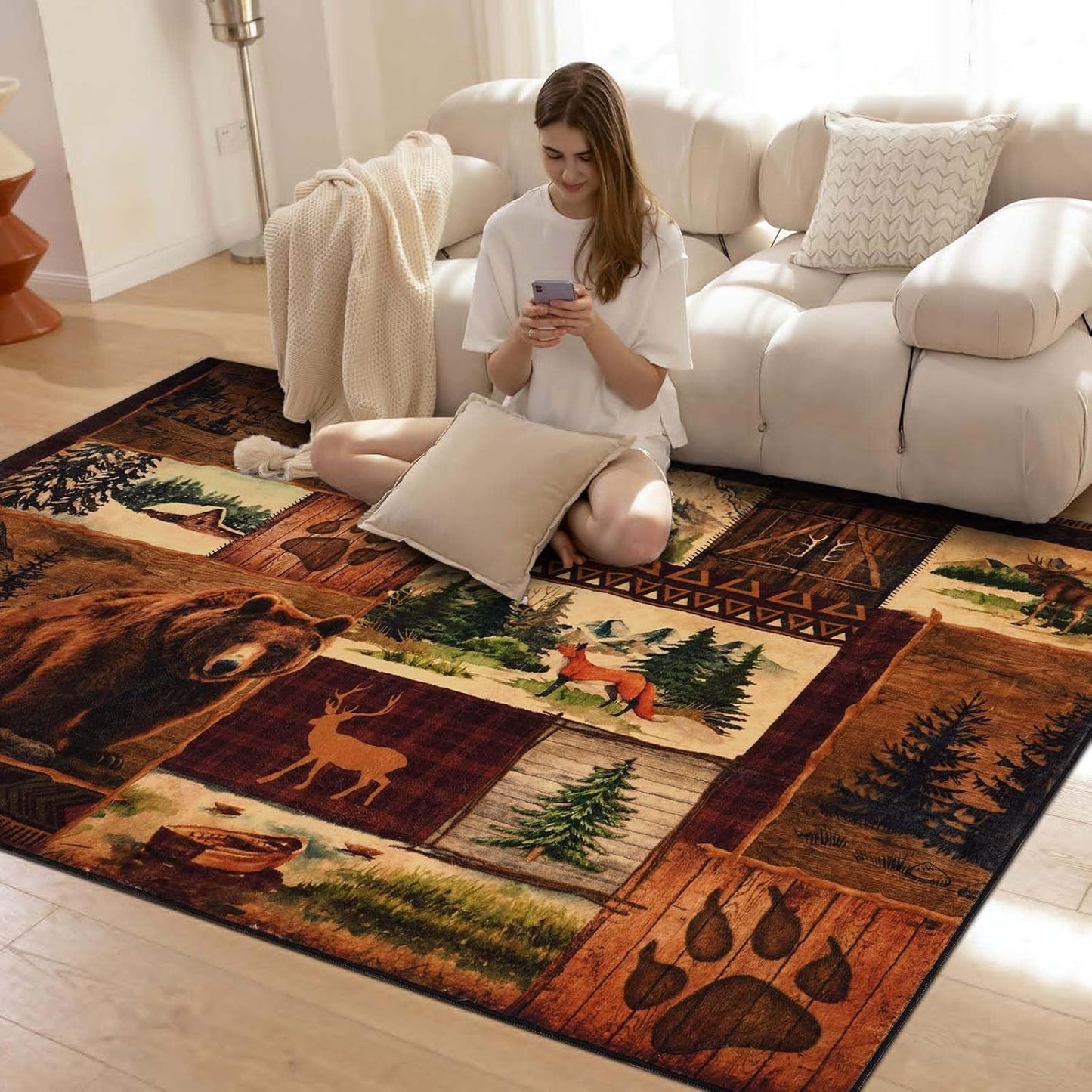 small house bear moose throwing carpet, area carpet in farmhouse style, used for living room and bedroom entrances, non slip washable soft brown floor carpet, retro rural wildlife home decoration area carpet
