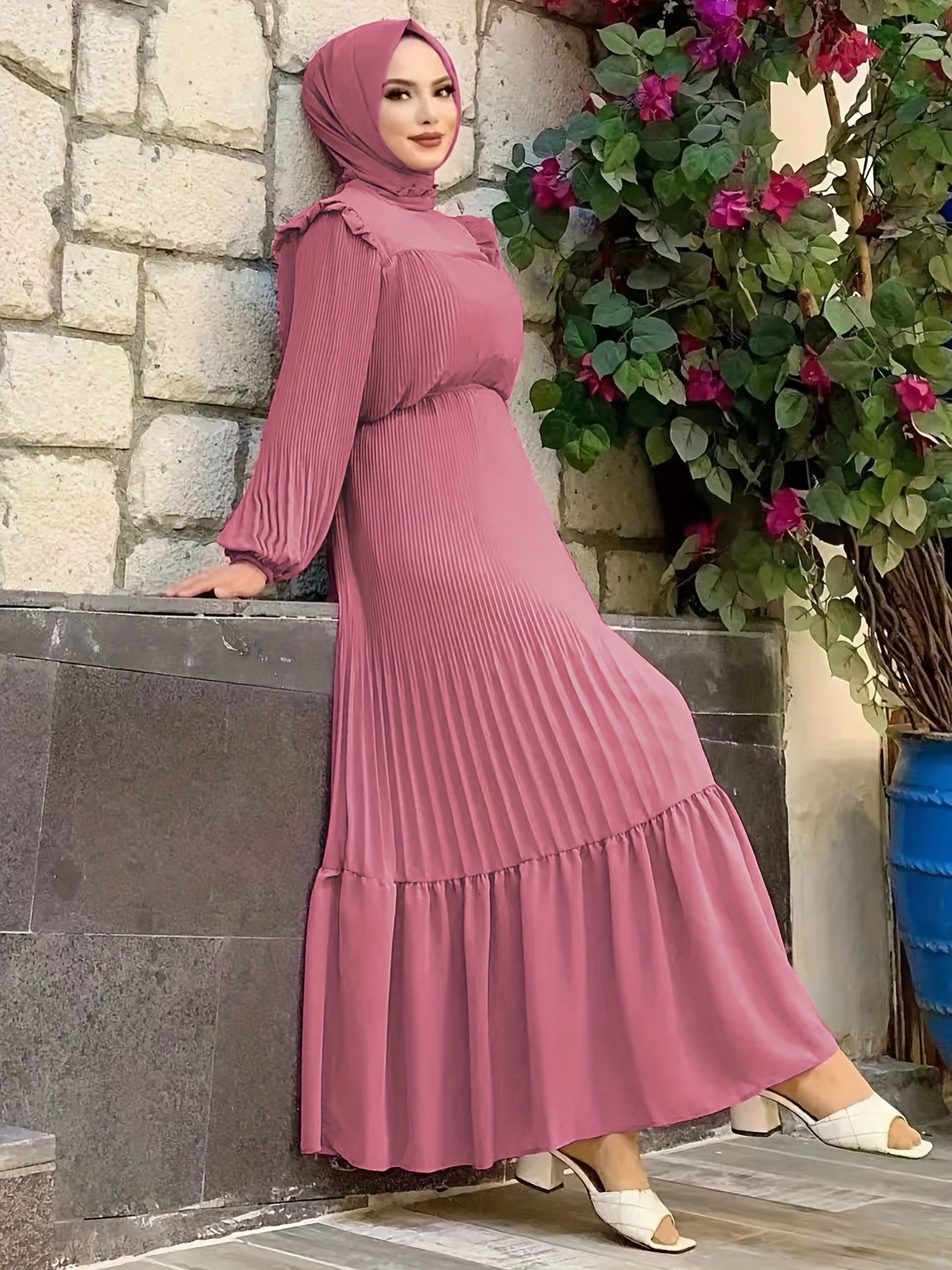 Women's Middle Eastern Muslim Baju Abaya Dress - Solid Color Pleated Long Sleeve with Belted Waist, Lightweight Breathable Fabric, Machine Washable Traditional Modest Dress
