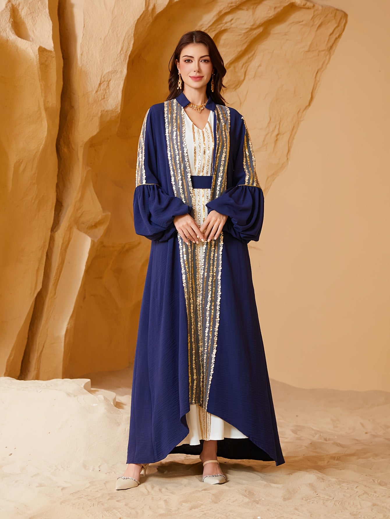 Elegant Blue & Golden Sequin Modern Abaya for Women - Long Sleeve, Lantern Sleeves, Belted Waist, Geometric Pattern, Loose Fit, Perfect for Spring/Summer/Fall Celebrations