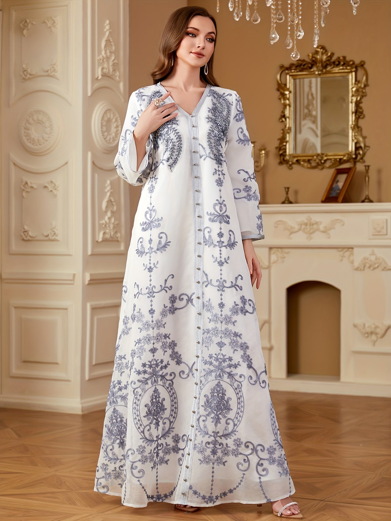 Elegant White V-Neck Long Sleeve A-Line Modern Abaya with Floral Embroidery & Sequin Details - Machine Washable All-Season Formal & Casual Wear, Long Sleeve Dresses, Special Occasion