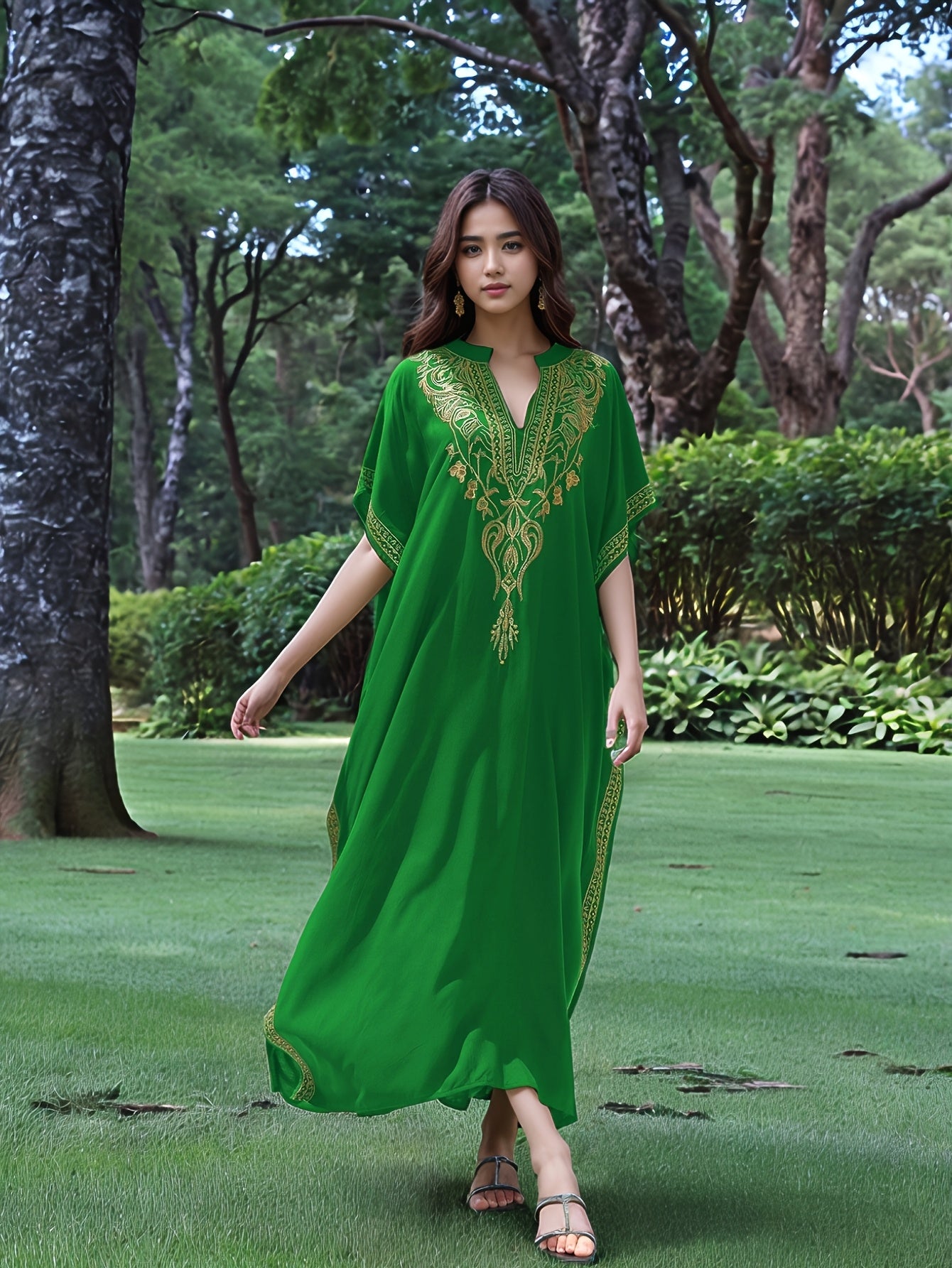 Elegant Gold Embroidered Resort Gown Kaftan Dress V-Neck Beach Blouse Kaftan