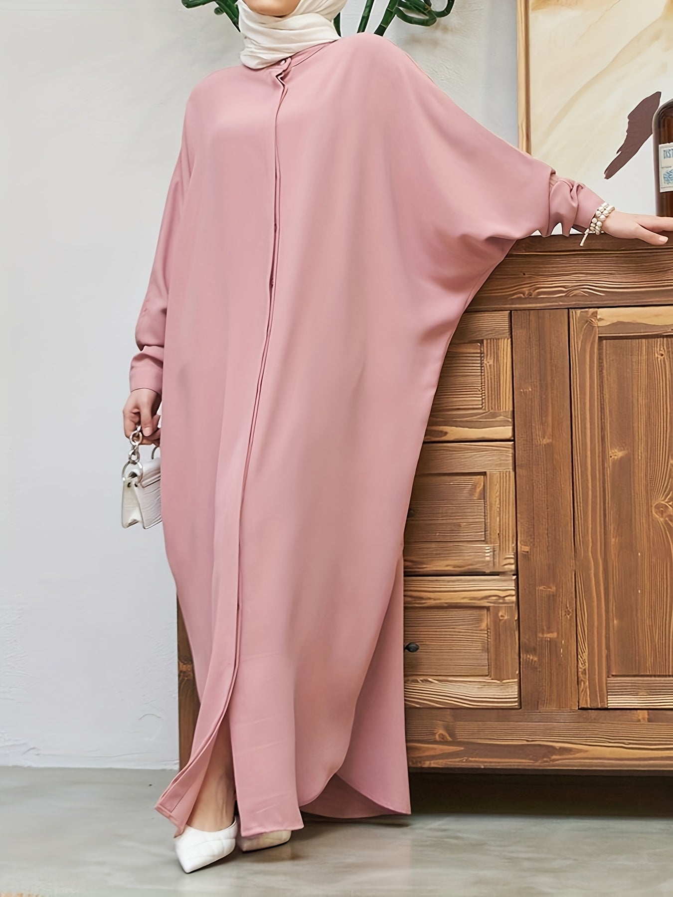 Ramadan Modest Batwing Sleeve Kaftan Abaya - Solid Black Loose Fit Maxi Dress with Slit Hem & Button Front, Non-Stretch Fabric for Women, All-Season Versatile Abaya