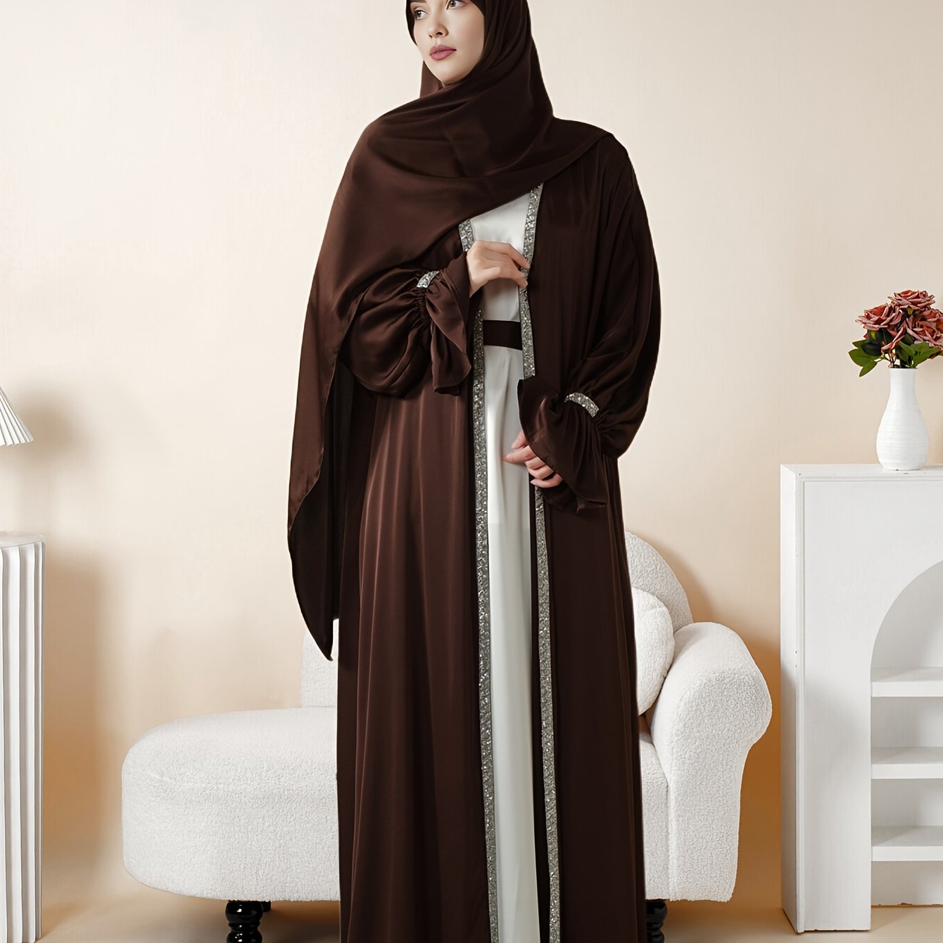 4pcs Set: Poet Sleeve Satin Abaya Eid al-Adha Abaya Muslim Women's Ramadan, Eid al-Fitr, Eid al-Adha, Mawlid, Prayer dress gown robe outfit long robe outfit comfortable soft breathable