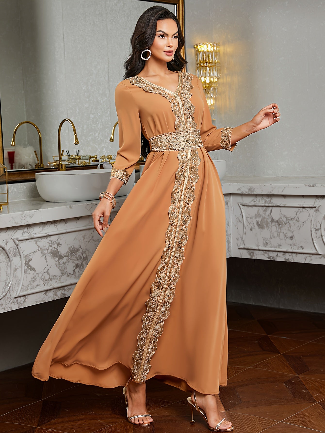 Elegant Golden Contrast Lace Detail Maxi Palestinian Abaya - V-Neck, Long Sleeve, Polyester, Formal or Evening Wear for Women, Formal Occasion Attire | Lace Detailing | Polyester Fabric
