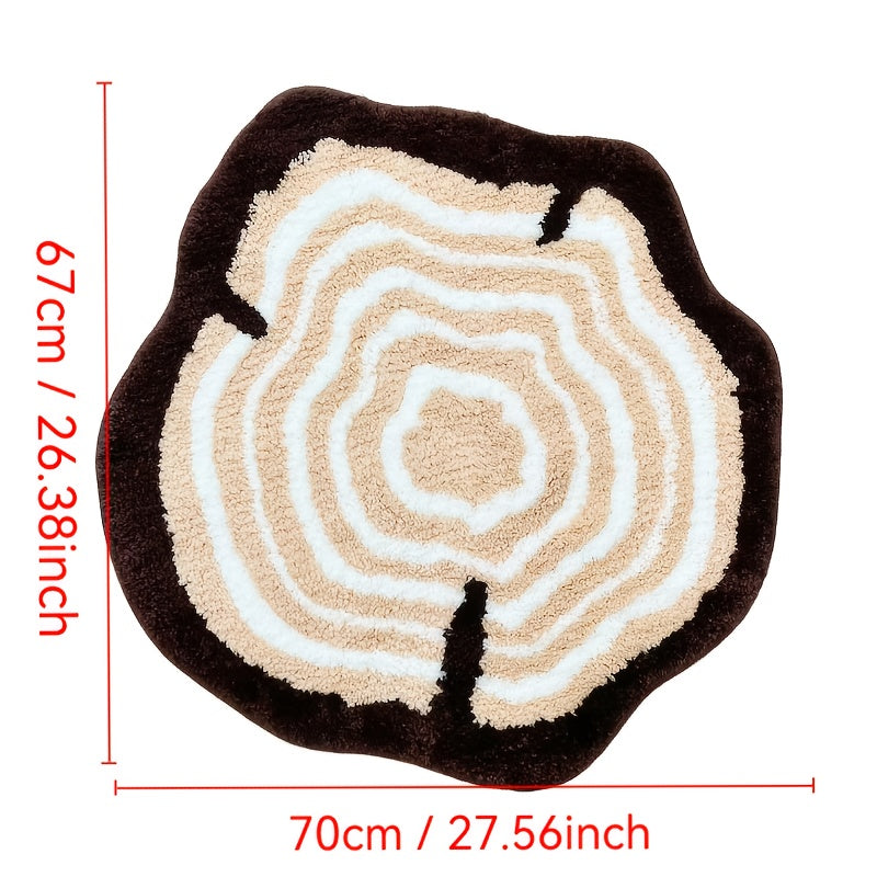 Plush Tufted Area Mat - Thick & Soft Non-Slip TPR Backing, Brown Tree Stump Design with White & Beige Patterns, Unique Circular Shape, Machine Washable for Bedroom, Living Room, Rugs for Bathroom