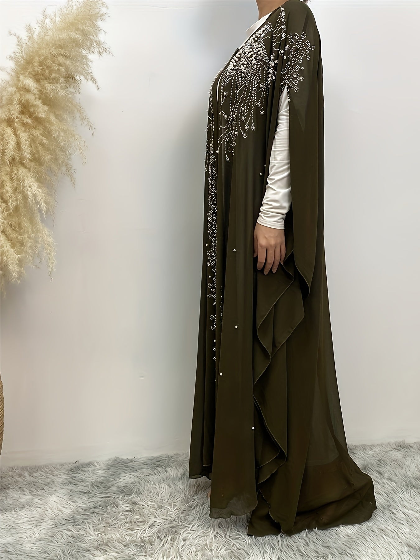 Luxury Chiffon Rhinestone-Embellished Hooded Muslim Kimono Abaya with Batwing Sleeves - Long Formal Party Gown, Machine Washable Elegant Modest Evening Dress for Spring/Summer