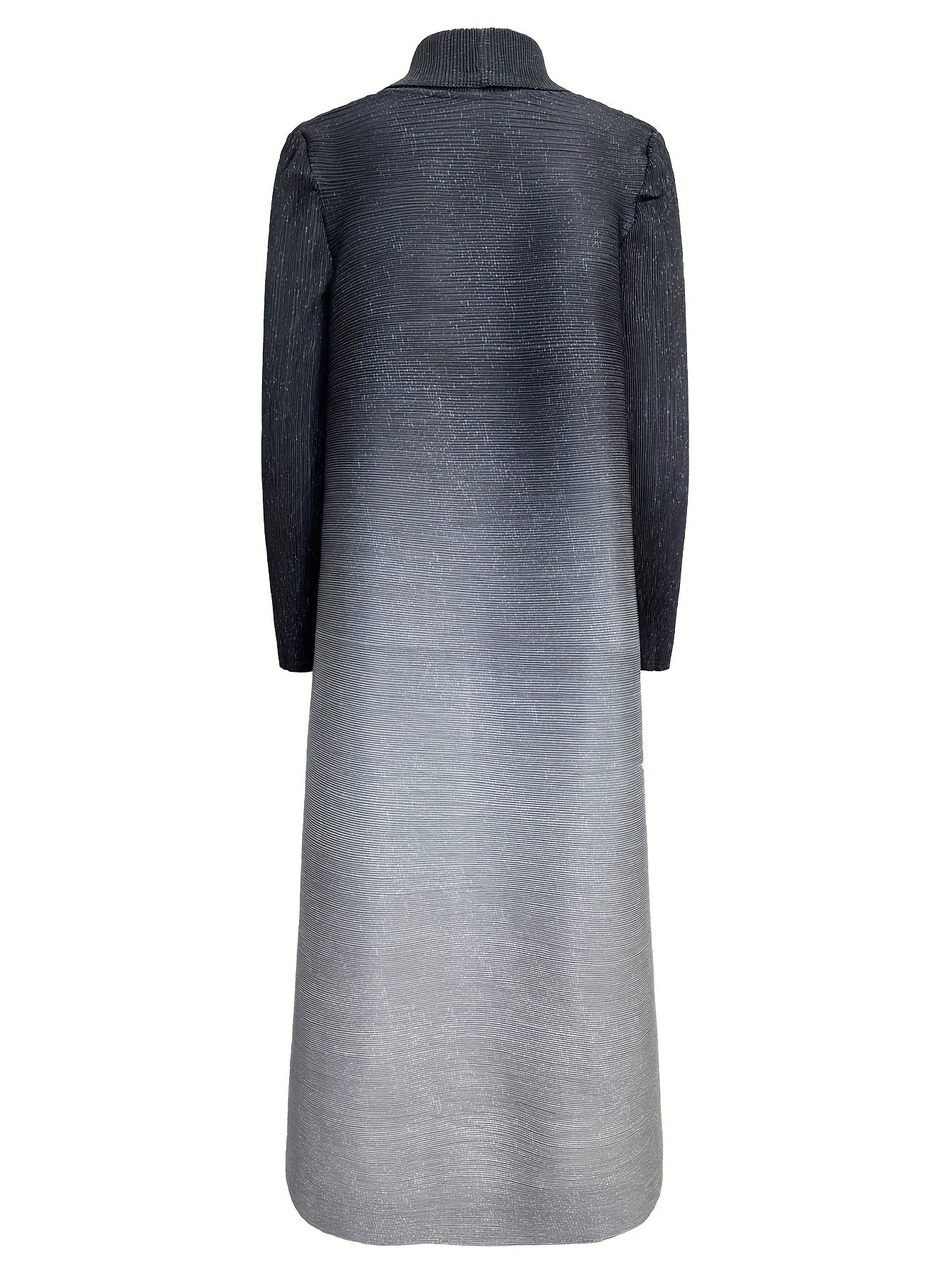Elegant Black to Gray Gradient Pleated Long Trench Coat - Stylish Open Front Abaya with Belt, Stretchy Medium-Large Fit for Women, Perfect for Casual or Formal Occasions