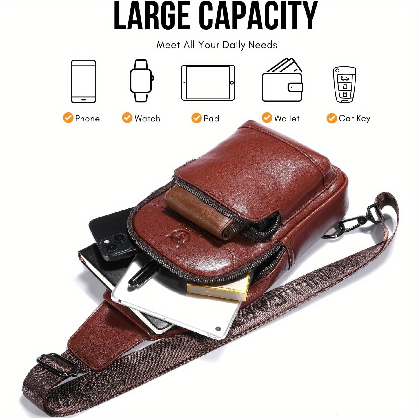 Genuine Leather Sling Bag for Men & Women - Stylish Crossbody Chest Bag with Multiple Compartments, Adjustable Strap & Earphone Hole