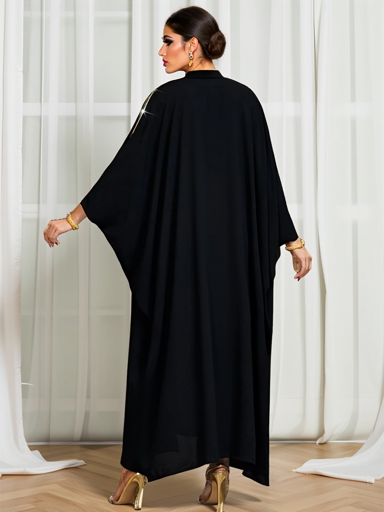 1pc Women's Black A-Line Abaya Dress with Sparkling Rhinestone Embellishments - Loose Fit Long Sleeve Elegant Party & Formal Wear for Birthdays, Weddings, Galas, Dresses for Party, Wedding Guest Attire, Flowy Fabric Gown, Nont