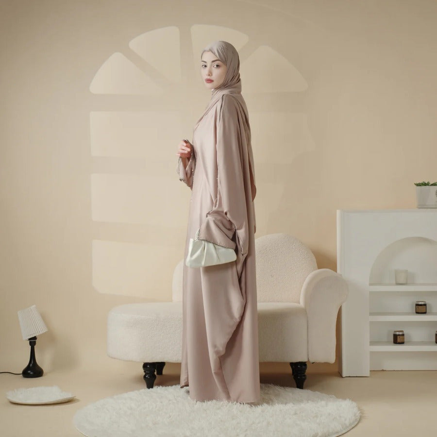Batwing Emirati Abaya with Matching Hijab | Batwing Sleeve Abaya – Elegant Middle Eastern Arab, Islamic Style Shawl Robe Dress for Women, Long Skirt, Ramadan Prayer Outfit