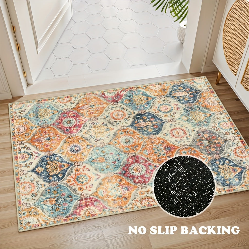 Quick-Dry Non-Slip Vintage Floral Carpet, Rugs - Machine Washable Ultra-Thin 100% Polyester Indoor/Outdoor Entryway Mat for Bathroom, Kitchen, Bedroom - Distressed Home Decor with Vibrant Colors, Kitchen Floor Mat, Decorative Door