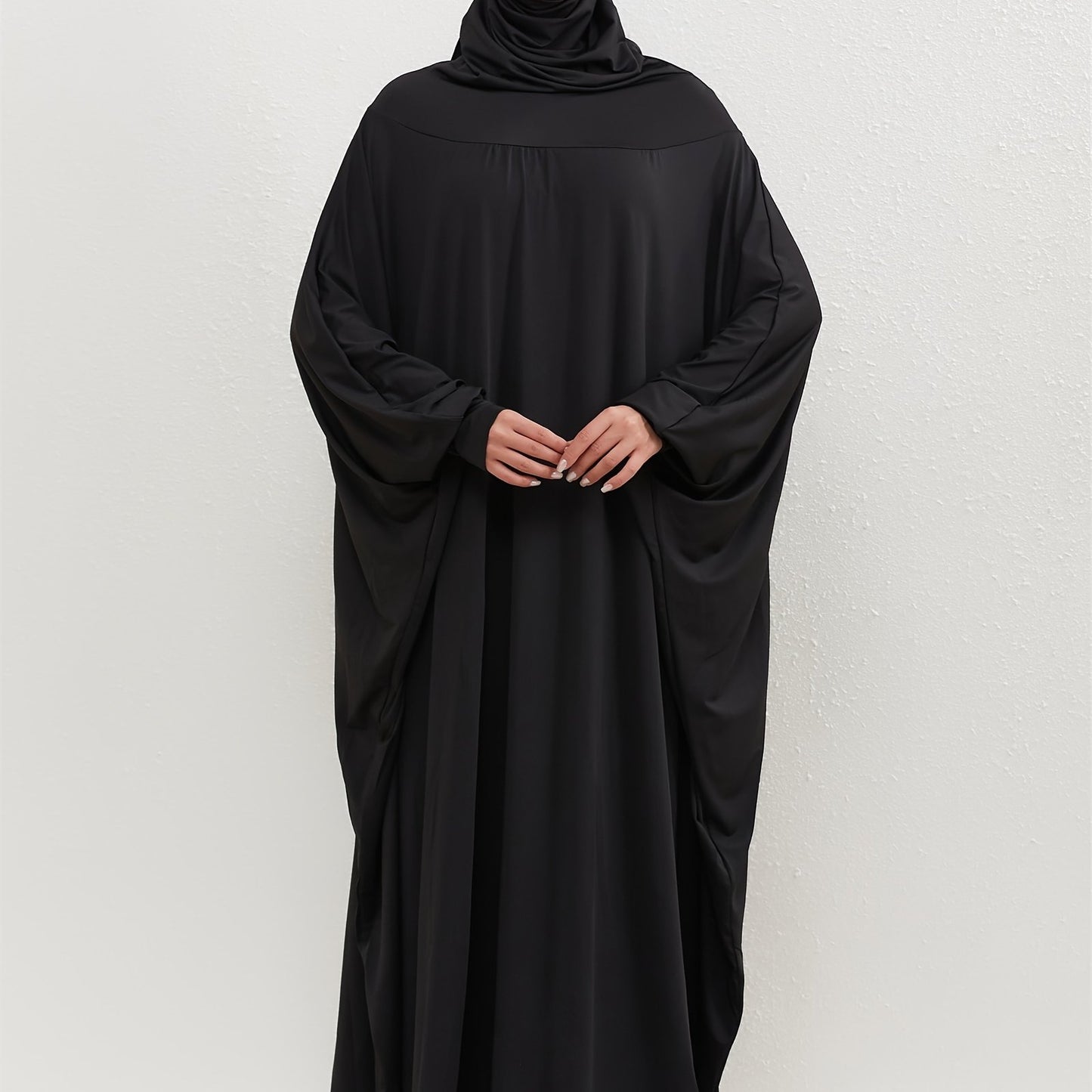 Ramadan Solid Hooded Kaftan, Elegant Batwing Sleeve Arabic Abaya, Women's Clothing