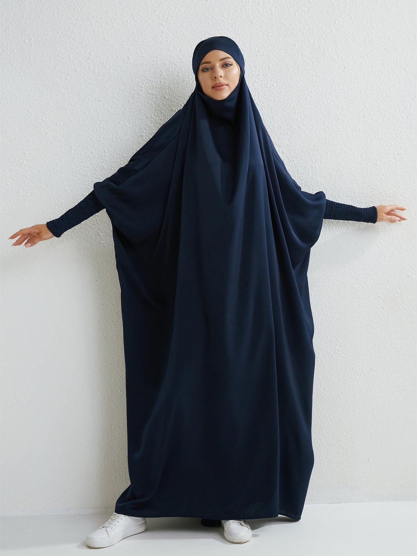 Women's Modest Jibab Abaya Dress with Hijab - Batwing Sleeves & Smocking Detail, Full-Length Prayer Robe, Islamic Clothing, Machine Washable Solid Color for Ramadan & Daily Wear, Allseason Robe, Hshaped Silhouette, Nontransparent F