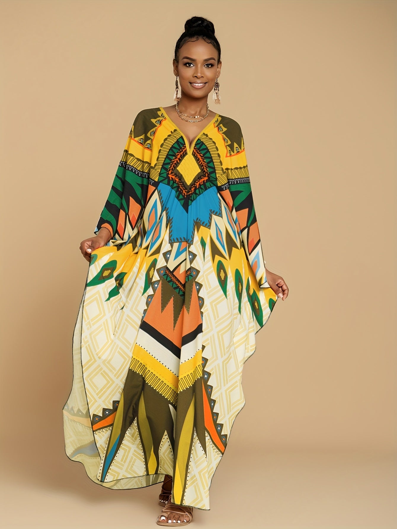 Women's Kaftan Dresses Geometric Patterns Floral Prints Beach Cover Up Chest Casual Home Vacation Ethnic Kaftan Robe Cover Up Batwing Sleeve Elegant Dress