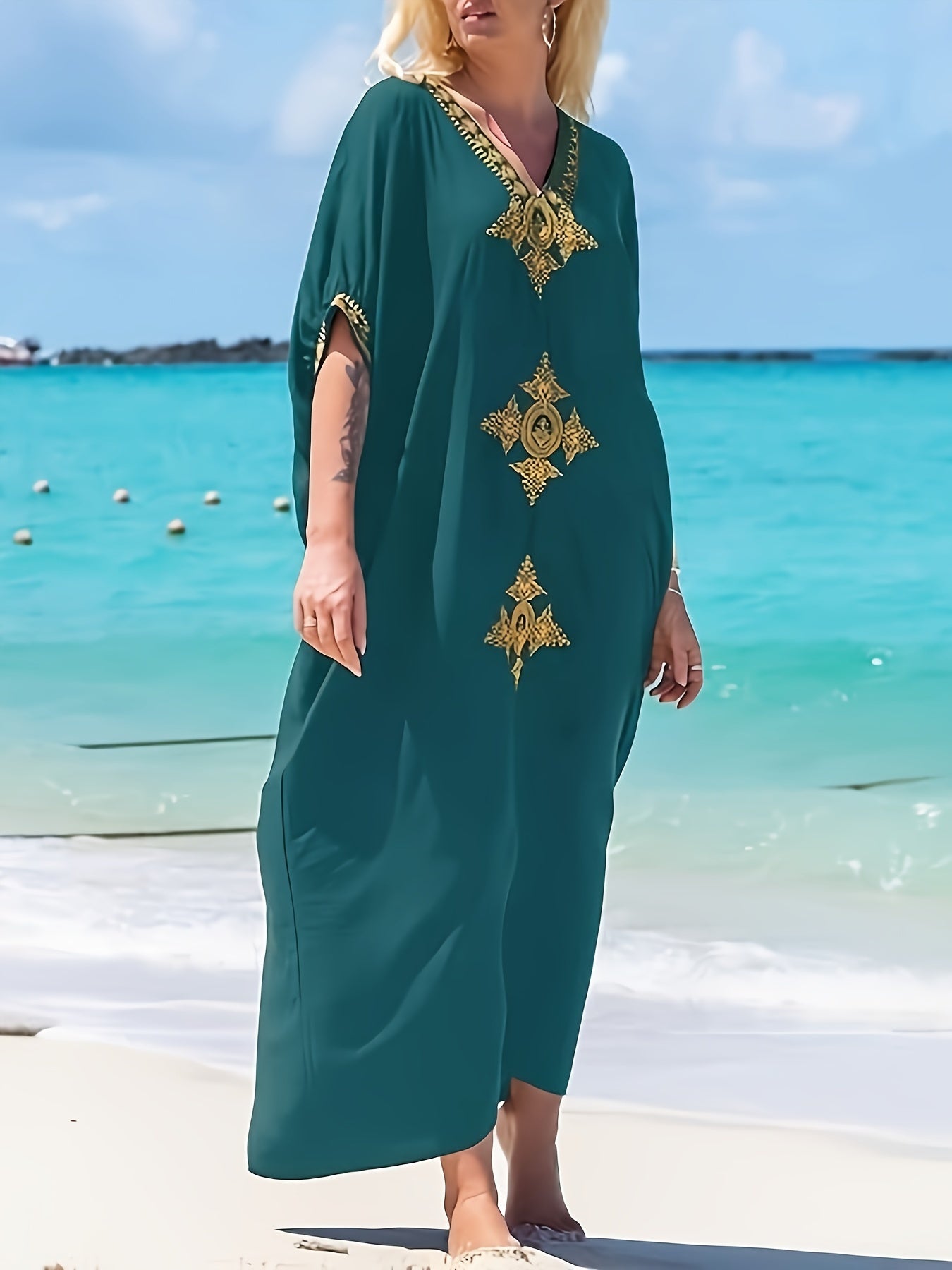 Gold Embroidery Long Kaftan Dresses V Neck Caftan Dress Beach Cover Ups