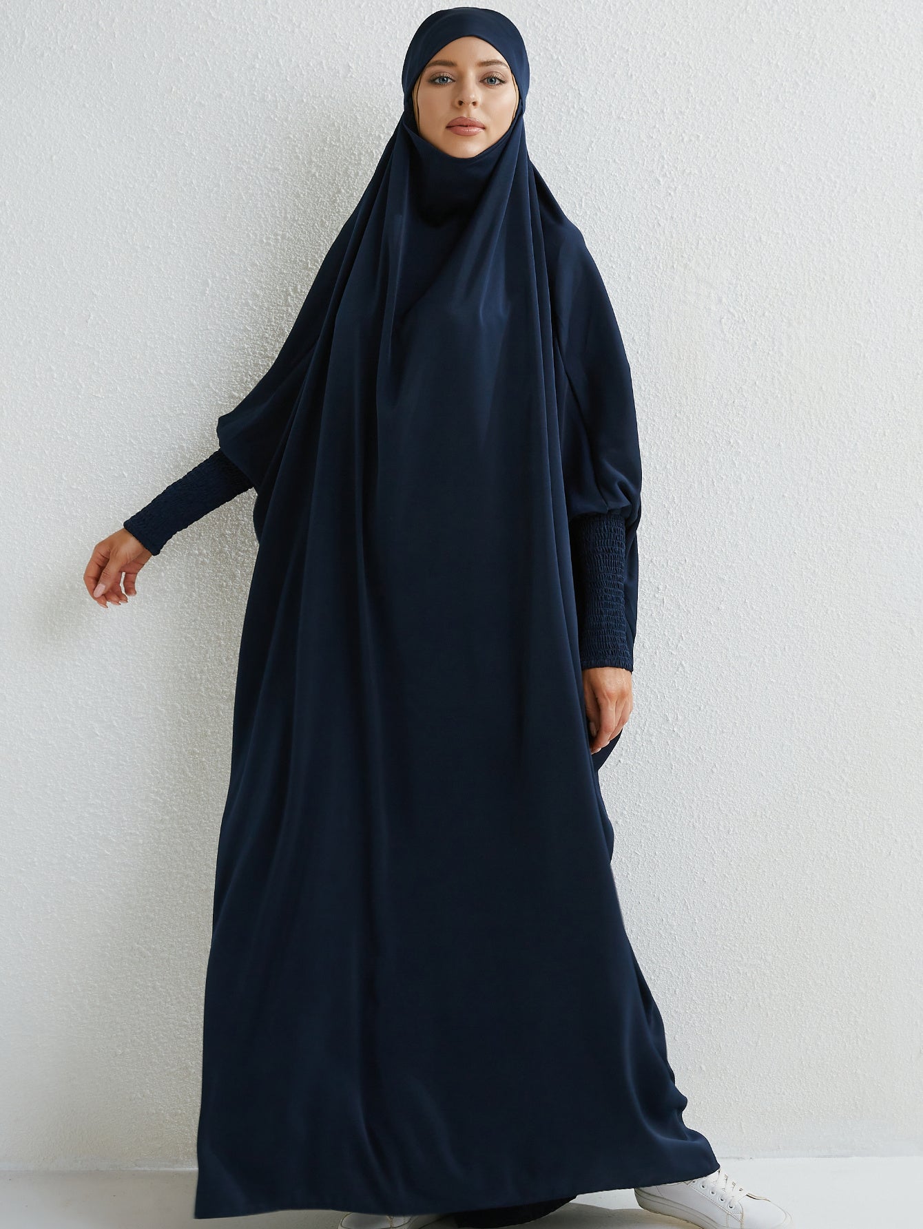 Elegant Loose-Fit Abaya Robe with Built-In Headscarf - Modest Ramadan Prayer Dress, Long Sleeve Butterfly Cuff Traditional Middle Eastern Full-Length Cover Dress, Solid Color Machine Washable, Religious Attire, Allseason Wear