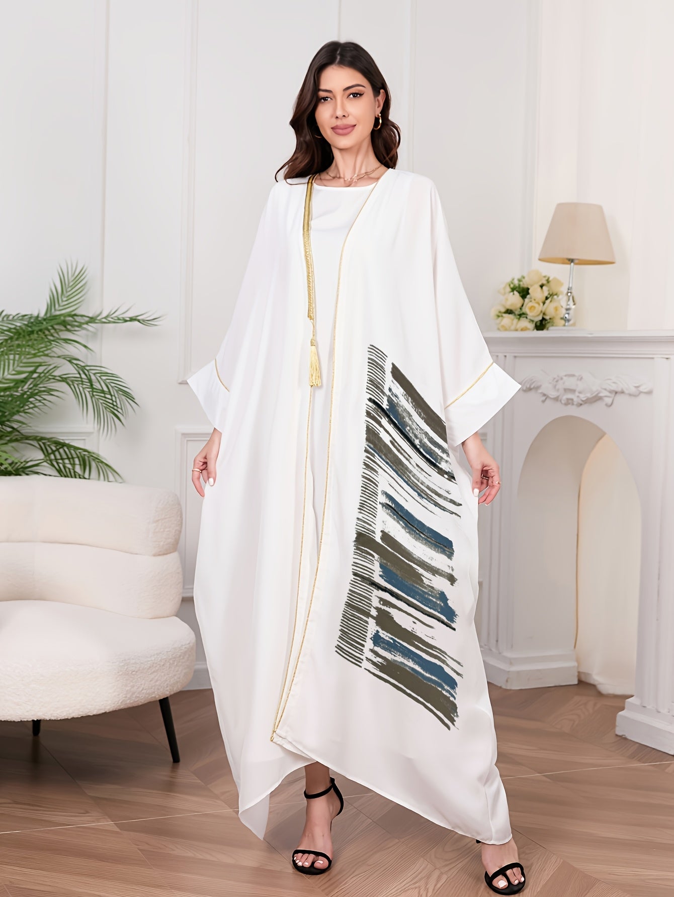 Elegant Women's Middle Eastern-Inspired Kaftan Cardigan - Long Sleeve, Open Front Abaya, Batwing Sleeves, Loose Fit, Golden Trim, Tribal Print, Perfect for Spring/Summer/Fall/Autumn