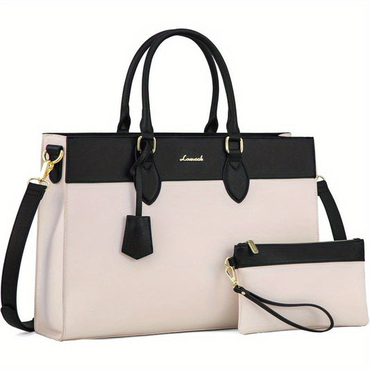 Women's 15.6 Inch High Quality Synthetic Leather Laptop Tote Bag - Large Capacity Work Bag with Multiple Pockets, Adjustable Detachable Straps & Metal Feet