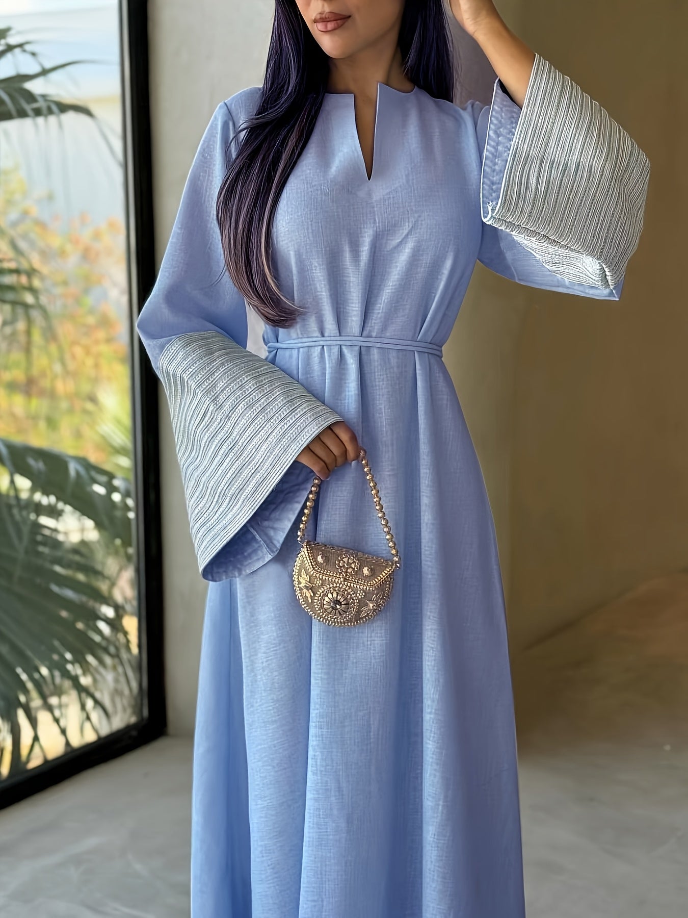 Women's Kaftan Dress Patchwork Floral Print Arabic Abaya Robe Long Sleeve Round Neck Loose Dress