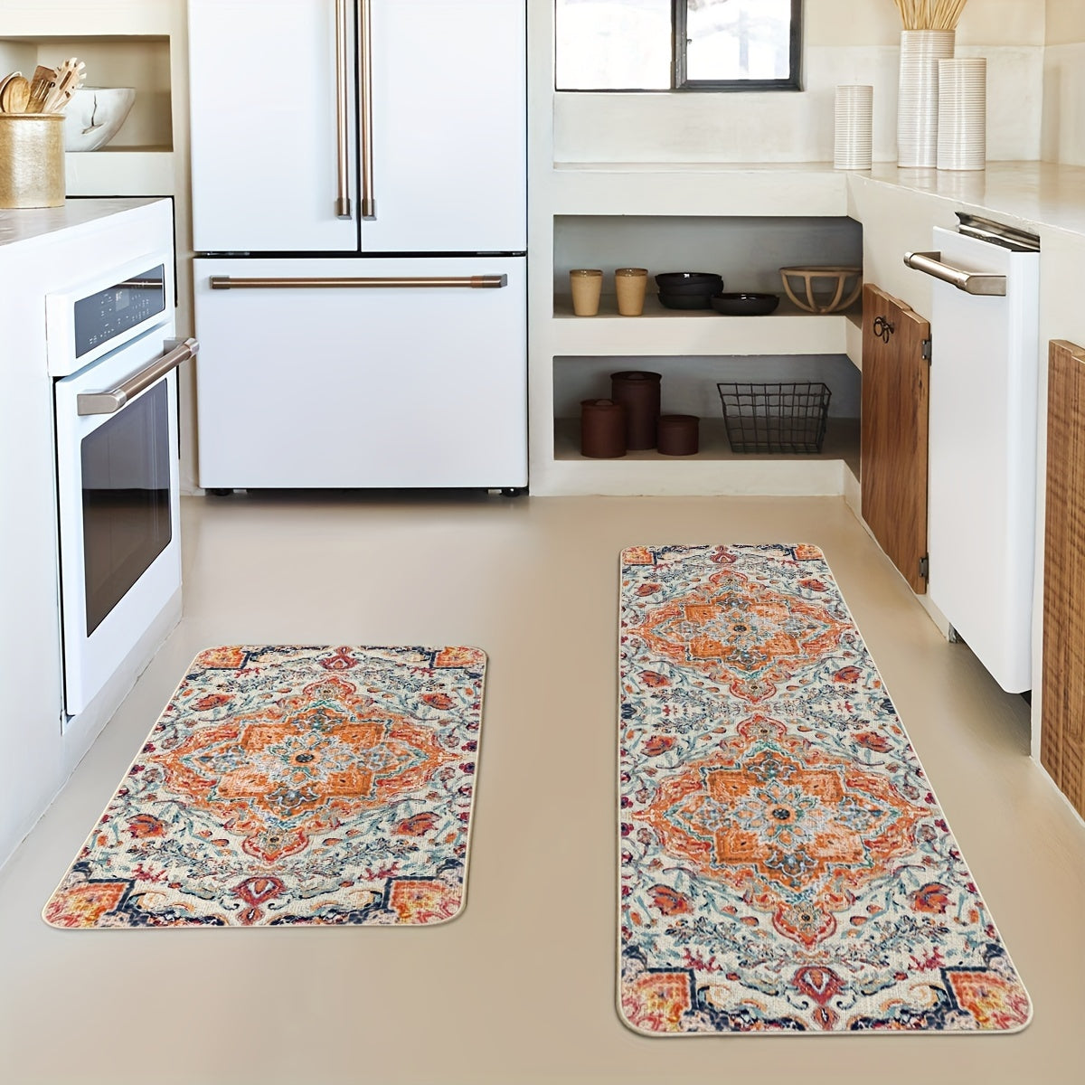 2pcs/set Flowers Bohemia Kitchen Mats, Daily Boho Home Decor Low-Profile Kitchen Rugs For Floor - 17x29 Inches And 17x47 Inches