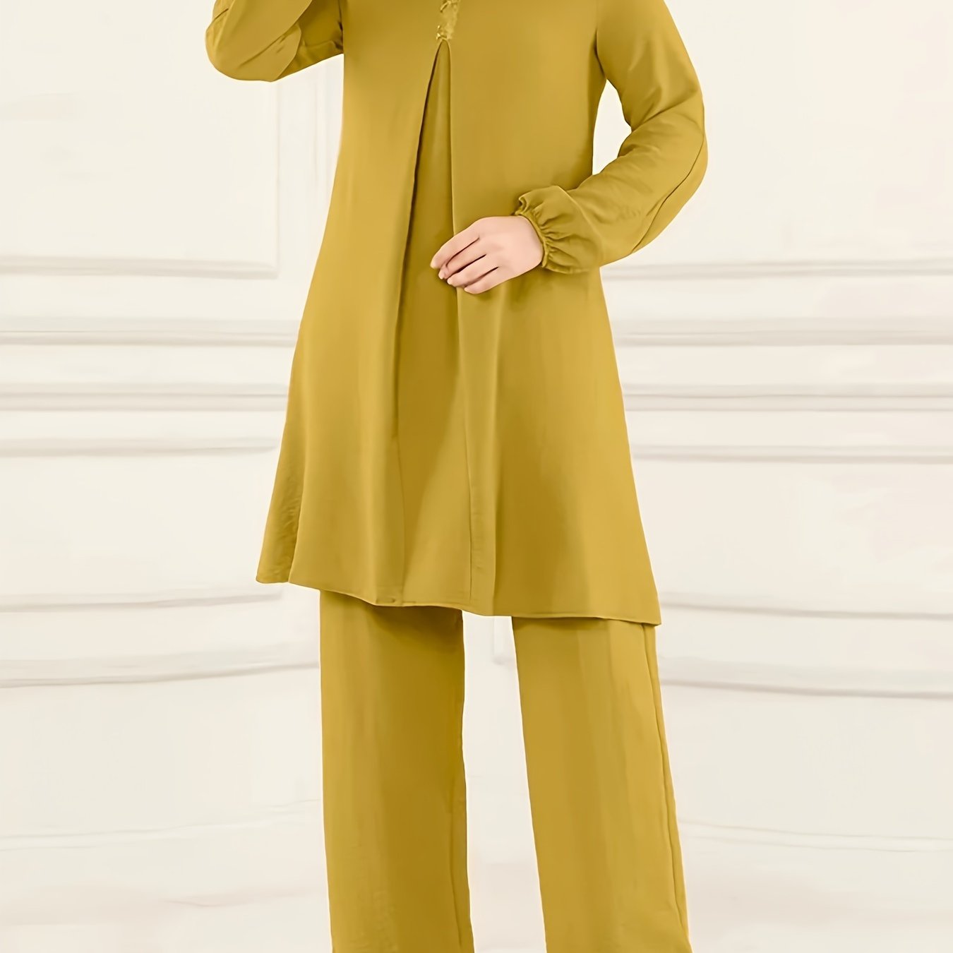 Ramadan Elegant Pure Muslim Two Piece Set, Long Sleeve Round Neck Top and straight-leg Pants Jilbaab Outfits, Women Clothing