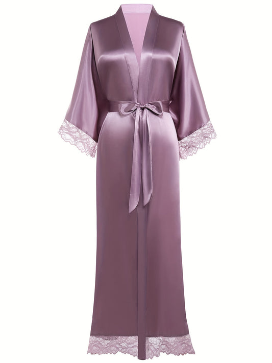 Satin Kimono Robe Long Bridesmaid Wedding Bath Robe With Lace Trim