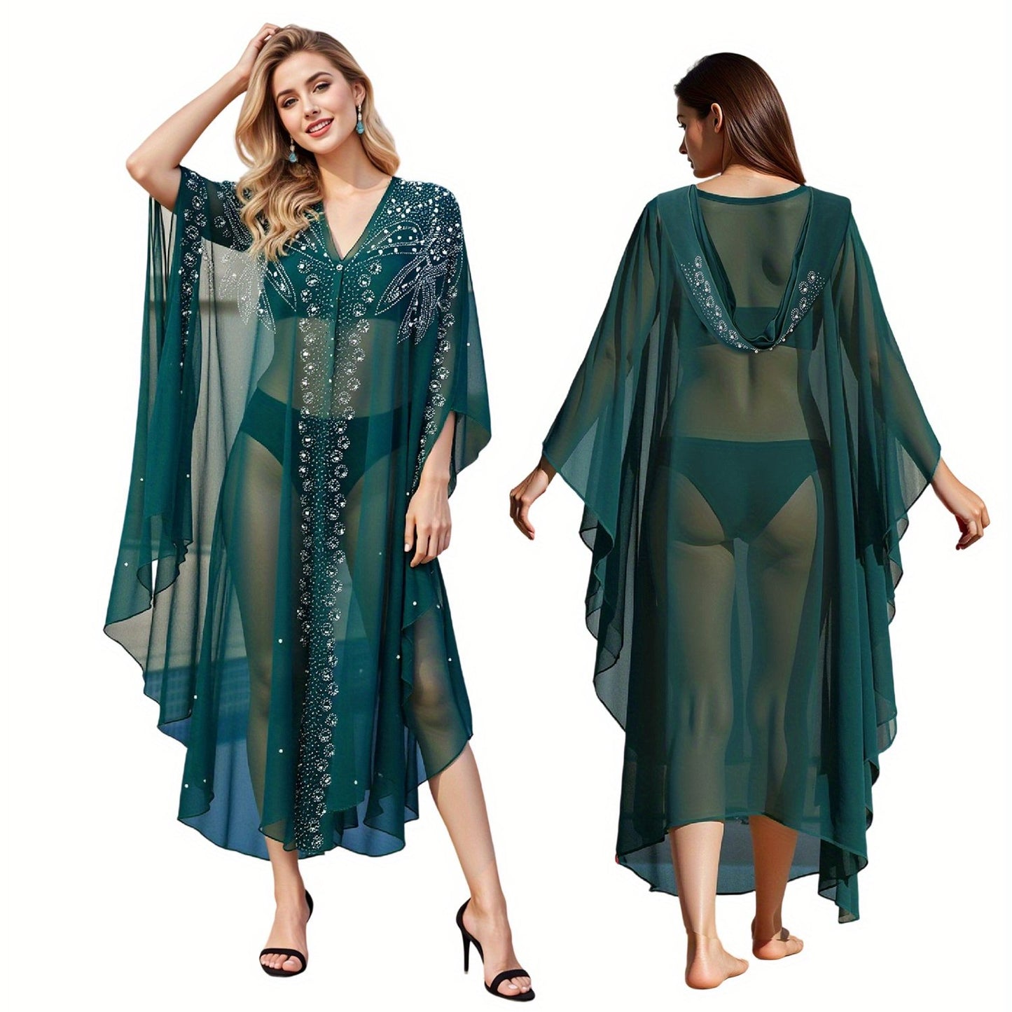 Women's Elegant Long Kaftan Dress with Hooded Rhinestone Cape & Bat Sleeves Abaya - Loose Fit Sheer Beaded Arab-Inspired Gown for All Seasons, Machine Washable