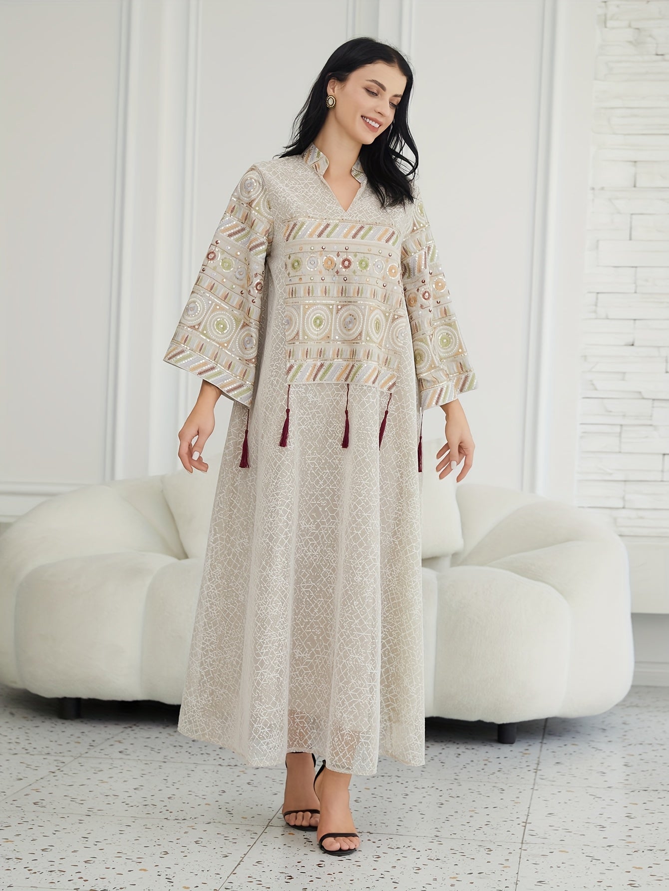 Women's Middle Eastern-Inspired Kaftan Abaya Dress - Luxurious Lightweight Geometric Pattern Long Sleeve Loose Fit Floor-Length Elegant Evening Gown for Spring Summer Fall