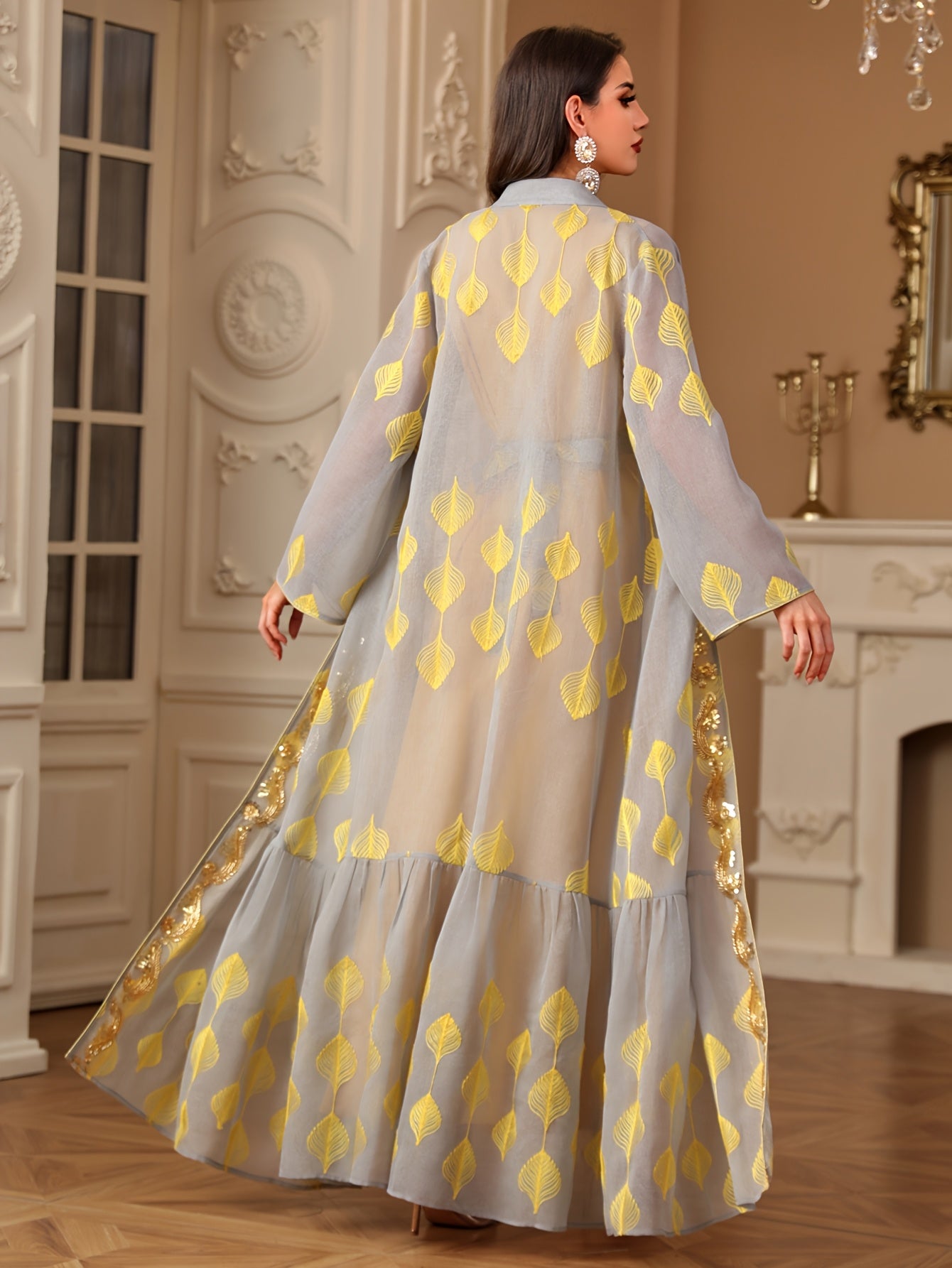 Stylish Round Neck Solid Color Long Abaya Gown Dress + Embroidered Sequin Beaded Long Sleeve Waist-Cinched Two-Piece Set
