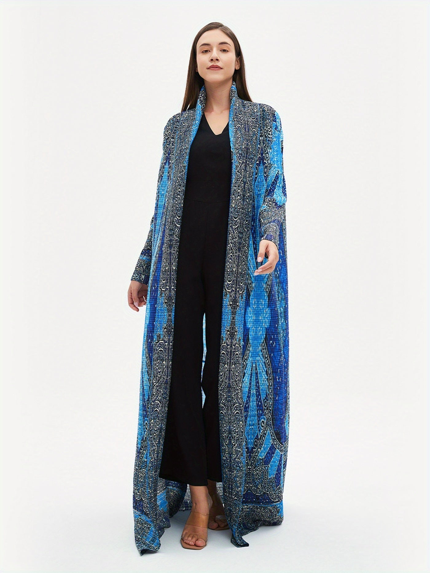 2025 Summer New Miyake-Style Kaftan Abaya, Long Sleeve, High-Elasticity Polyester Dress with Geometric Print, Belted Waist Design - Versatile for Daily Commute & Formal Occasions