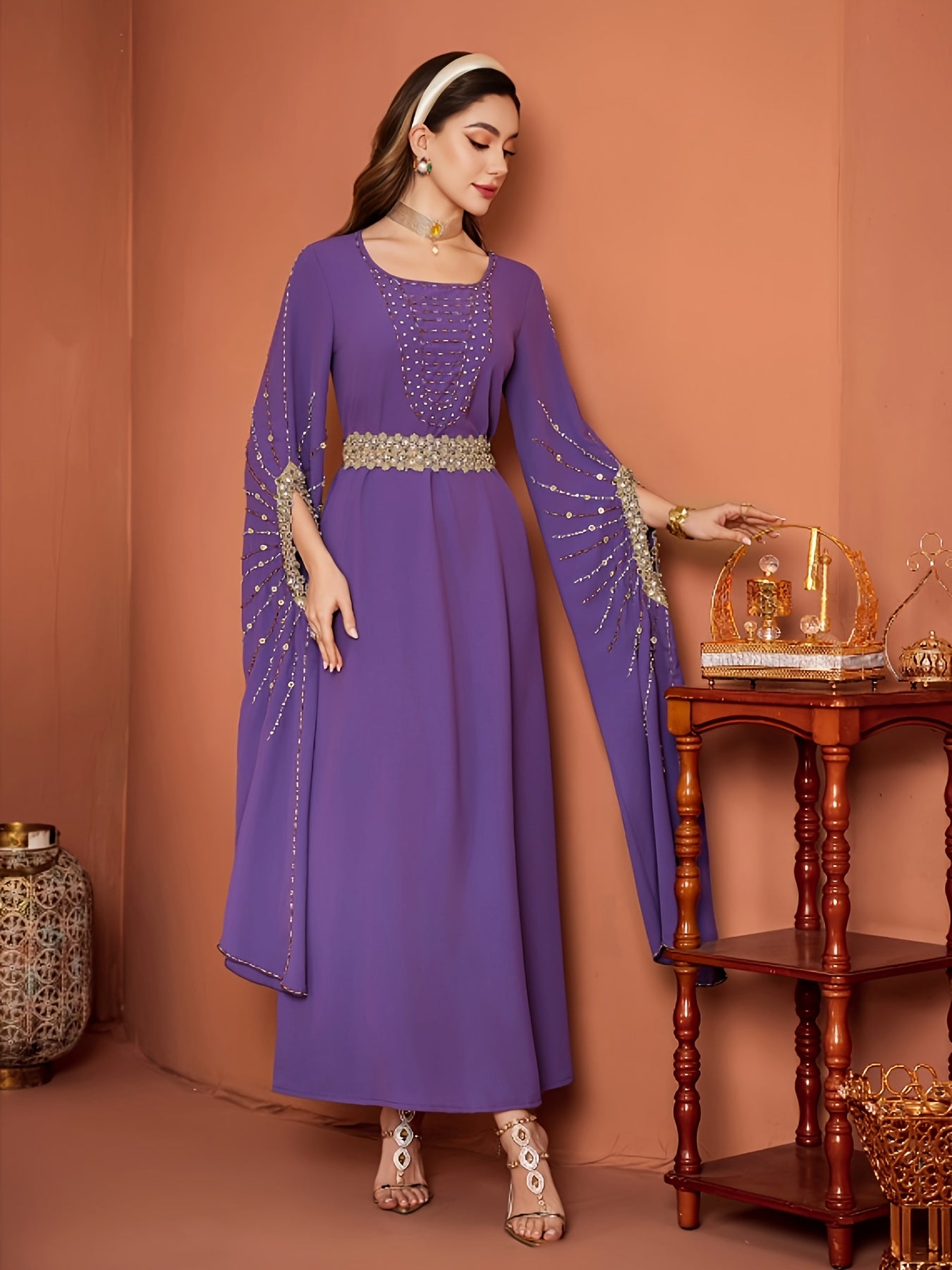 4006 Women's Loose-Fit Middle Eastern Modern Abaya Dress - Long Sleeve with Slit & Sequin Details, 100% Polyester Lightweight Spring/Summer Casual Elegant Dress for Modest Fashion