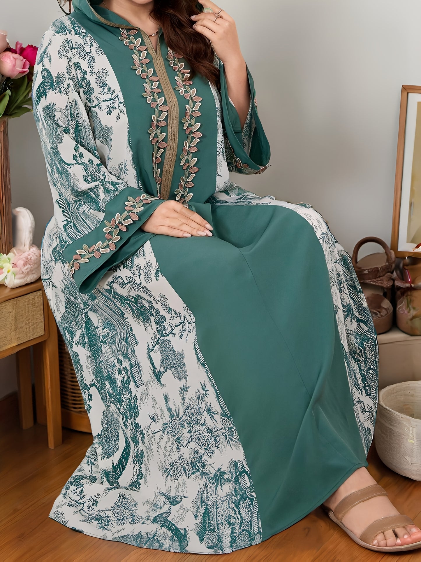 Plus Size, 2025 new landscape print decoration three-dimensional lace Middle Eastern hooded long loose large size Palestinian Abaya