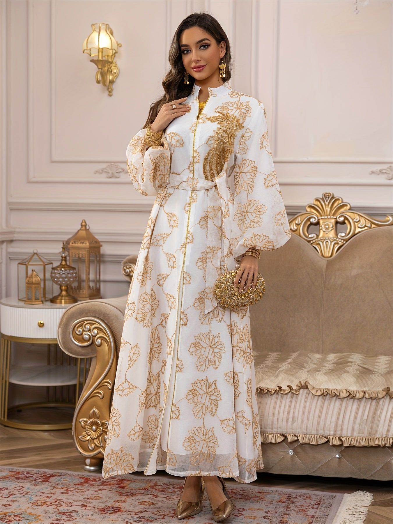 Dubai Floral Embroidery Belted Dress Belt included Lantern Sleeve Maxi Abaya Luxury Woman Evening Dresses Modern Kaftan 2025