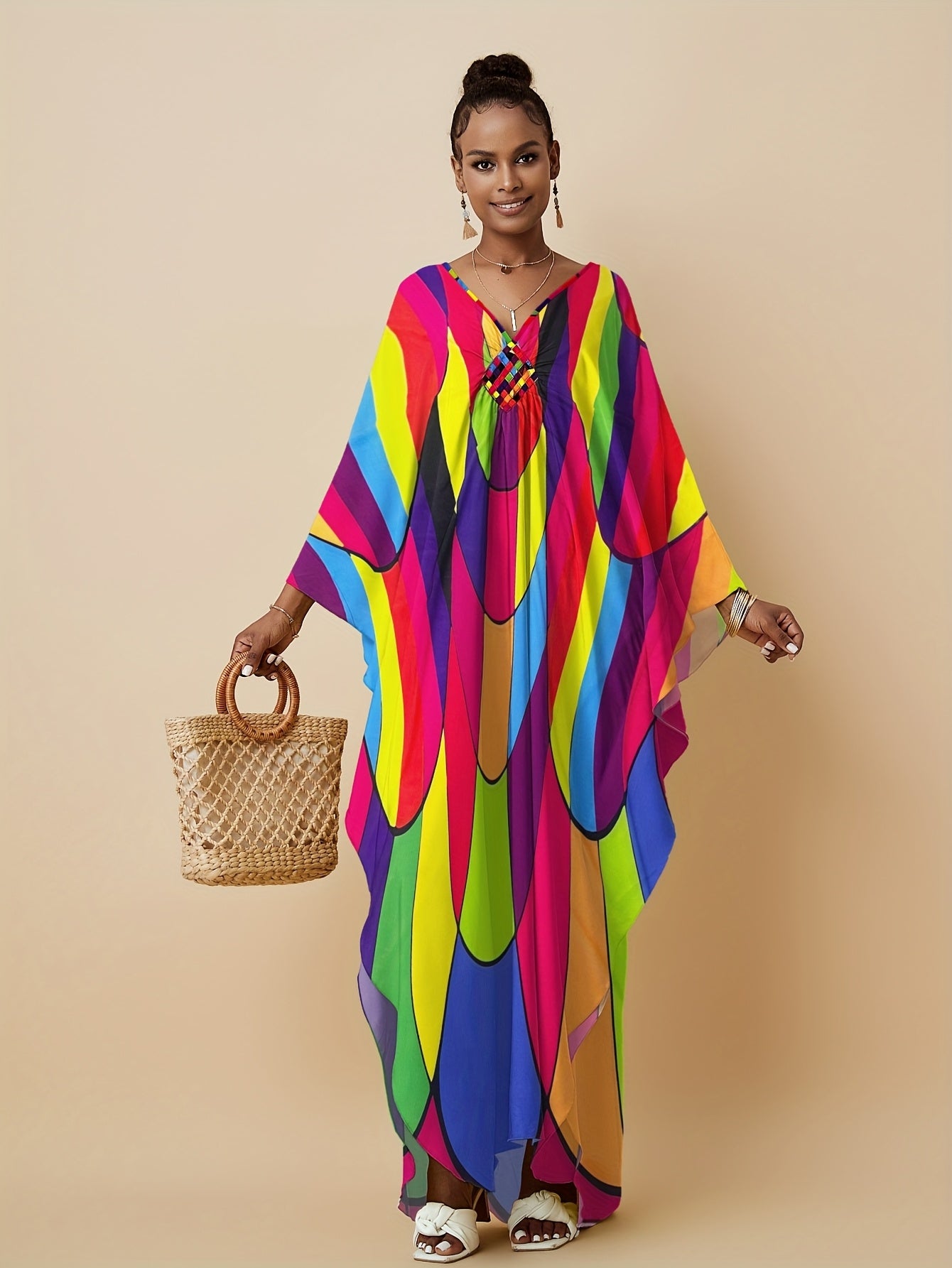 Plus Size, Women's Plus Size Kaftan Dresses Colorful Color Block Patterns Rainbow Prints Ethnic Style Dress Vacation Plus Size Kaftan Robe Beach Cover Up Elegant Kaftan Dress