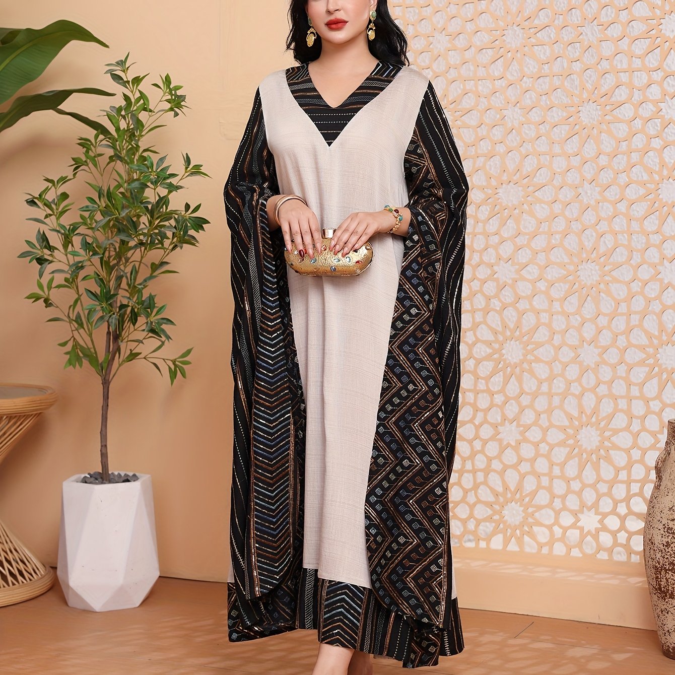Directional Heavy-Duty Golden-Colored Beaded Embroidery Arabic Women's Elegant Kaftan Abaya with V-Neck, Majestic and Fashionable Traditional 2025 Spring/Summer