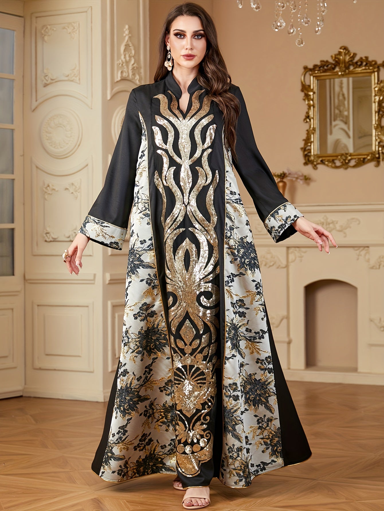 Polyester Long Sleeve A-Line Modern Abaya, Color Block Pattern, Contrast Sequin Design, Non-Stretch Fabric, Woven, 130g/m², with Asymmetrical Hem, for Muslim Women