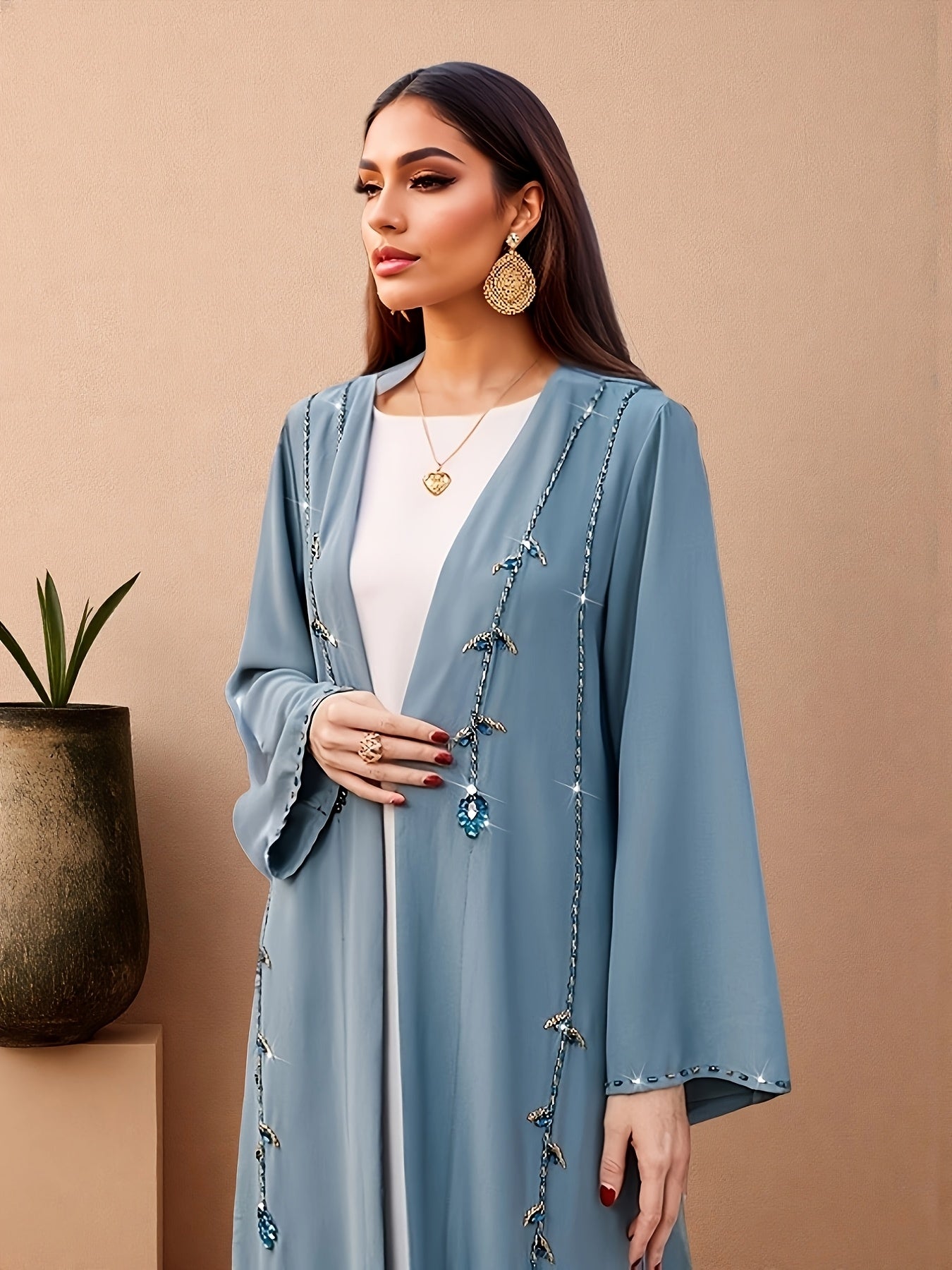Women's Handmade Blue Rhinestone Abaya Dress - Long Sleeve, Open Front, Lightweight Summer Dress with Intricate Patterns, Perfect for Casual or Cultural Wear, Cultural Attire