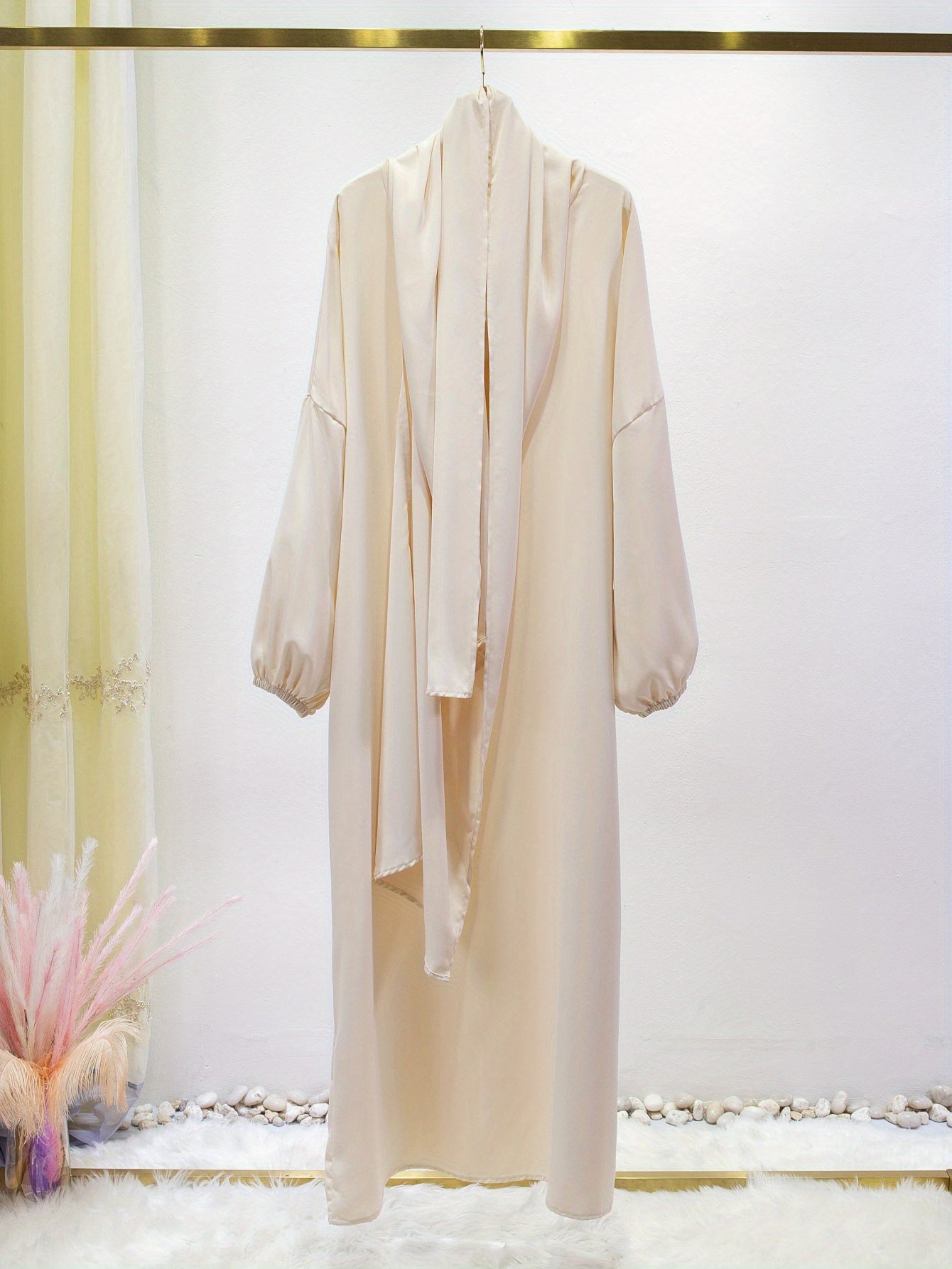 Elegant Islamic Hijab Dress for Women - Kaftan Style with Headscarf, Modest Middle Eastern Long Skirt Jibab Abaya, Loose Fit H-Silhouette, Long Sleeve Asymmetrical Hem, Solid Color Beige, Machine Washable for Ramadan Prayer & All Occasio