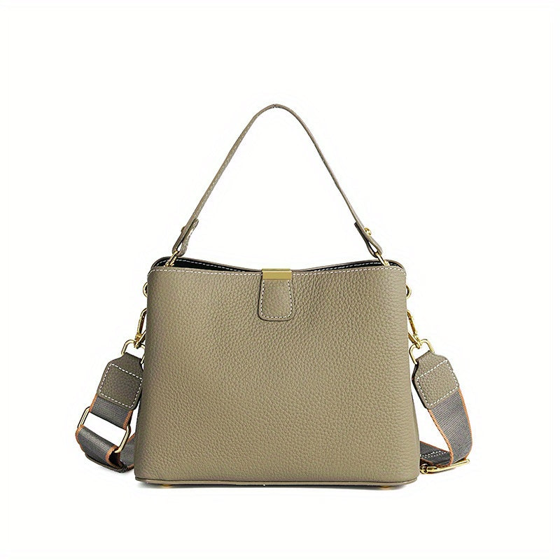 2025 New Model, High-End Grey Leather Women'S Handbag, Cowhide Large Capacity Bucket Bag, Versatile Commuting Shoulder Crossbody Bag, Lightweight And Fashionable Daily Bag