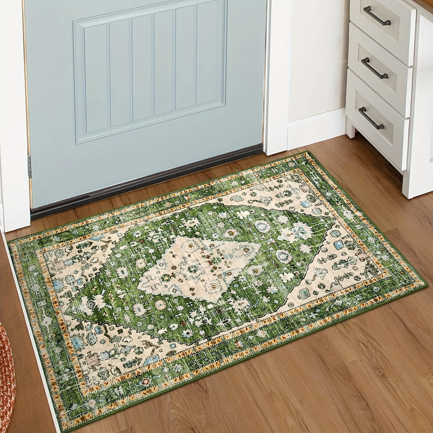 Boho Tribal Area Mat - Distressed Green Machine Washable & Non-Slip 100% Artificial Fur Mat, Large Sizes up to 2.16m² for Entryway, Bedroom, Living Room, Office - Bohemian Indoor Floor Rugs, Entryway Decor, Large Area Carpet