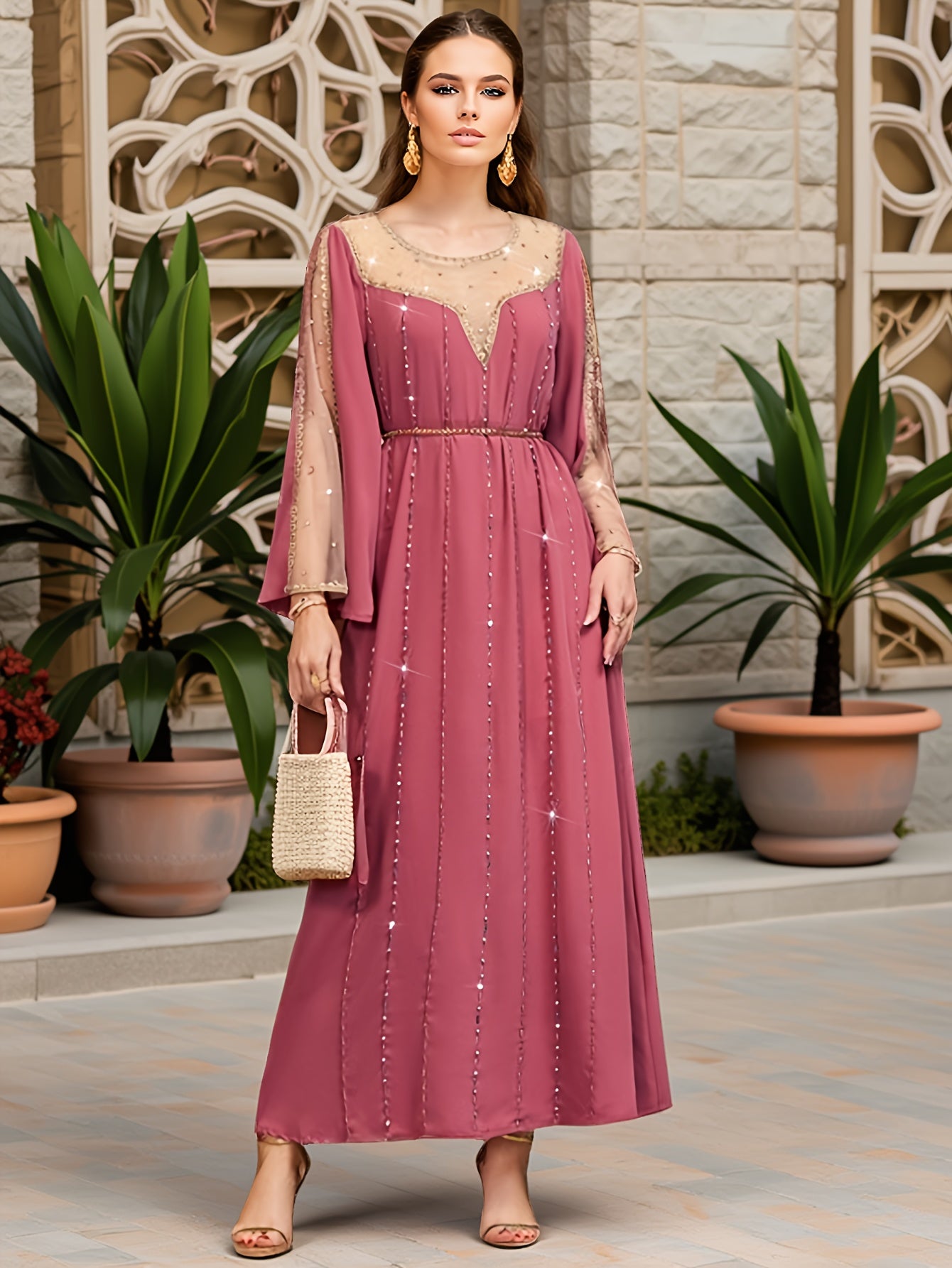 Women's Middle Eastern-Inspired Rhinestone-Embellished Long Sleeve Modern Abaya - Solid Peach Pink Polyester with Belt Detail, Elegant Spring/Summer Party & Casual Wear, Hand Wash Only