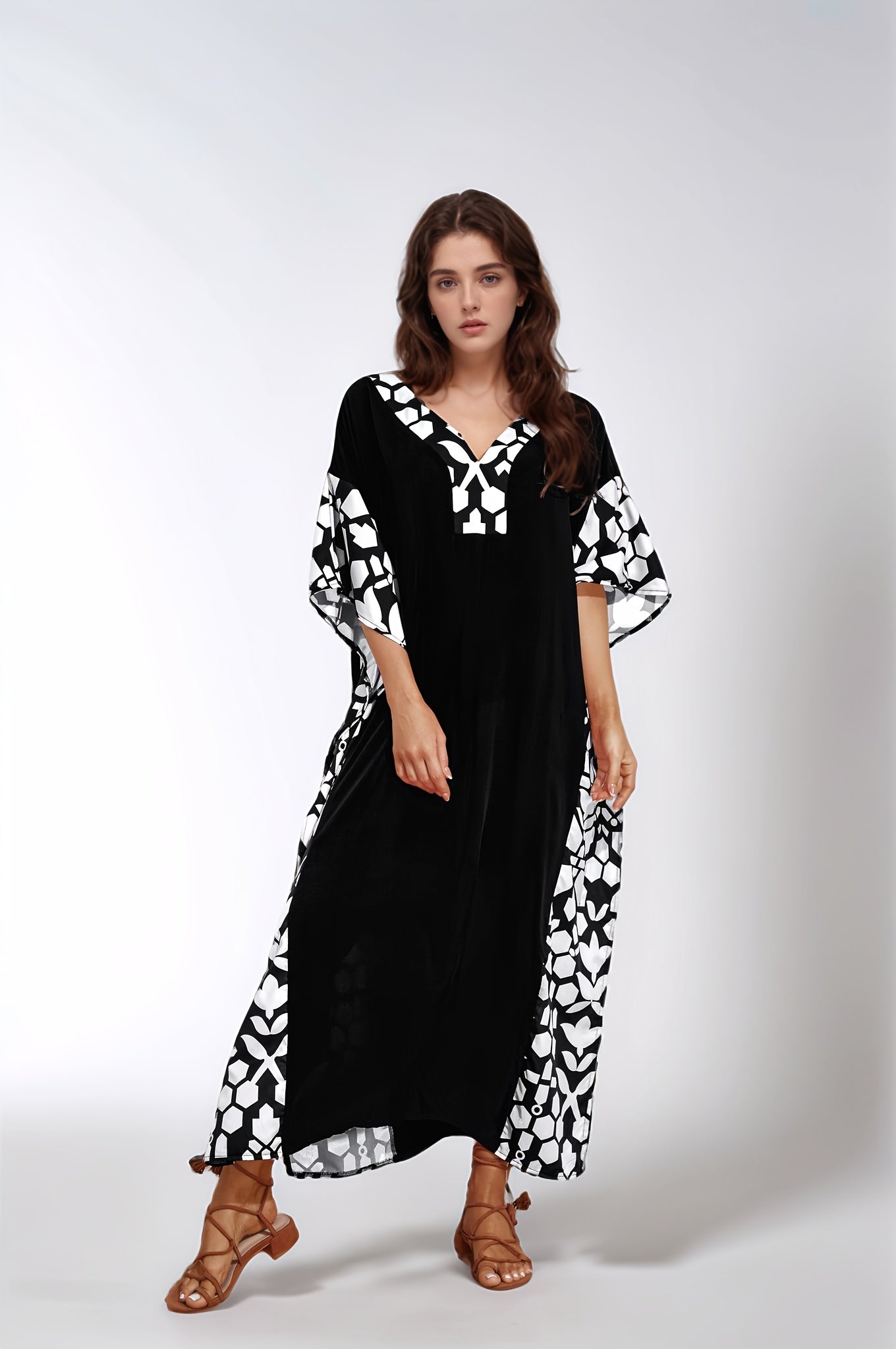 Large Size Long Black Elegant Kaftan Dress with Patchwork Print Loose Beach Bikini Cover, Side Slit Short Sleeved Middle Eastern Long-distance Holiday Style Dress
