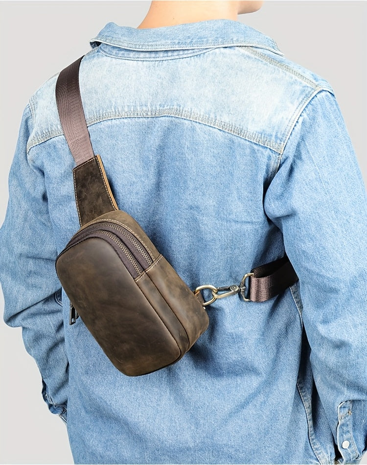 Leather Men Sling Bag, Small Crossbody Bags For Phone Daily Used Shoulder Bags, Sport Running Sling Bags, Leather Men Messenger Bag