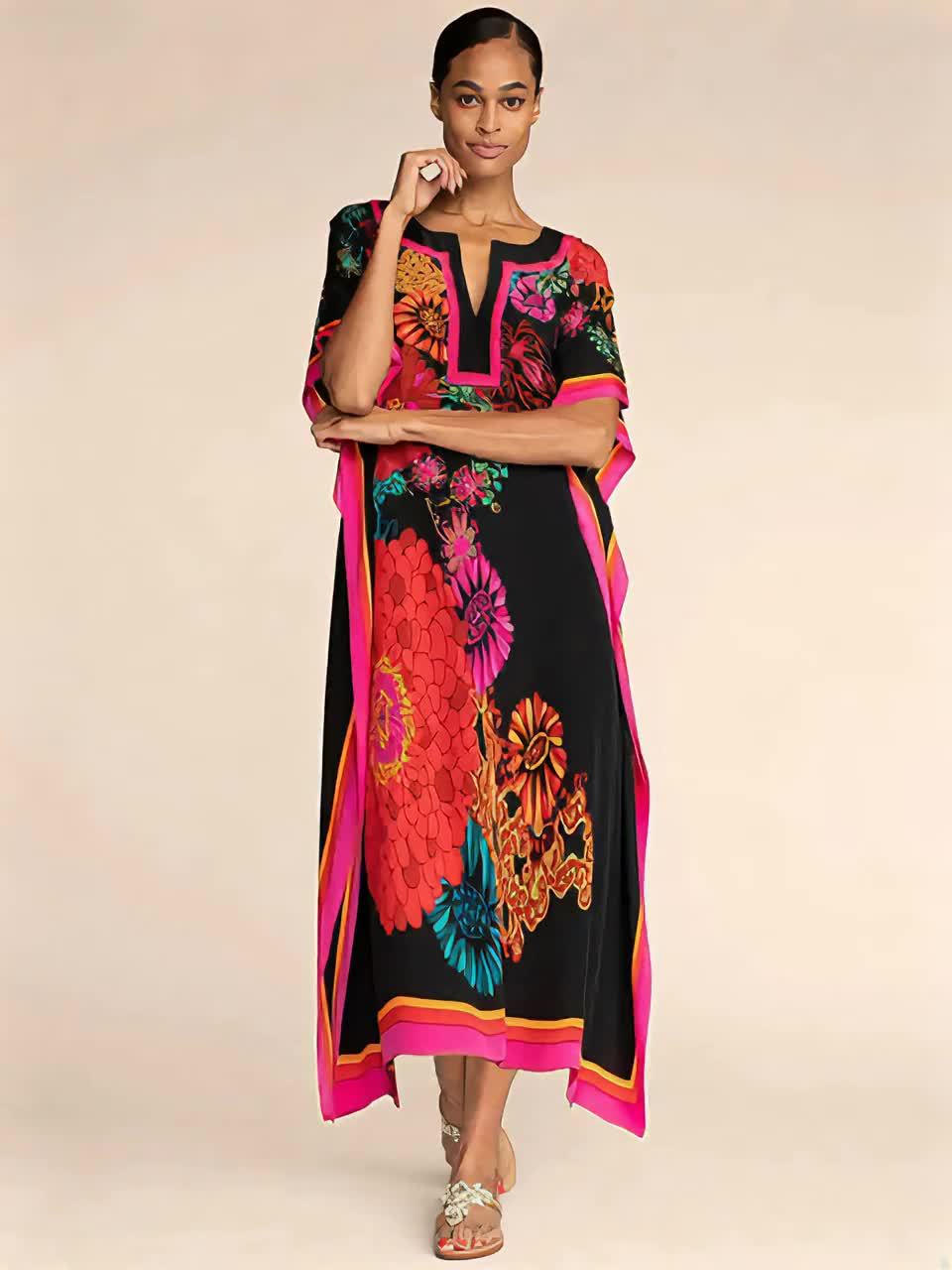 Women's Boho Style Cover Up, Plus Size Floral Pattern V Neck Loose Fit Vacay Beach Kaftan Dress