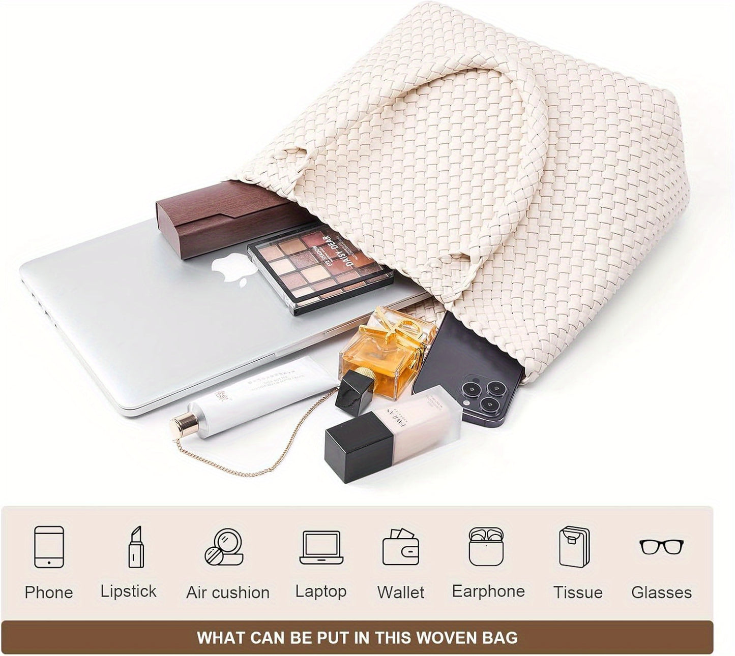 Women's Vegan Tote Bag - Large Woven Handbag with Zipper Closure & Wrist Strap, White & Brown Striped Design, Durable Oil-Edged Finish for Casual or Formal Use