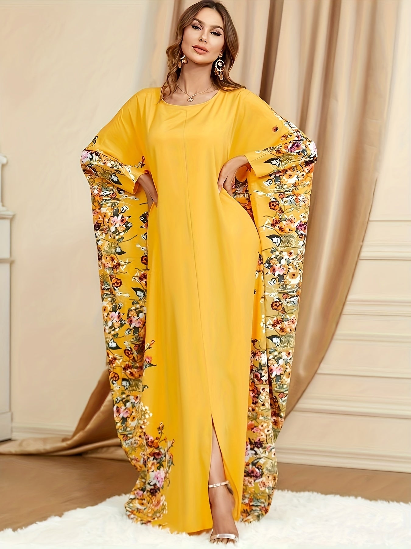 Floral Print Crew Neck Kaftan Abaya, Elegant Batwing Sleeve Split Maxi Dress, Women's Clothing