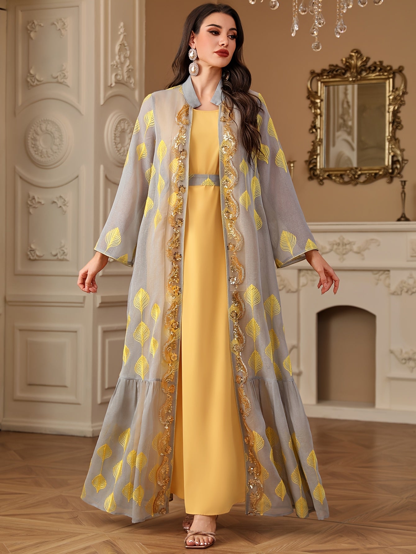 Stylish Round Neck Solid Color Long Abaya Gown Dress + Embroidered Sequin Beaded Long Sleeve Waist-Cinched Two-Piece Set