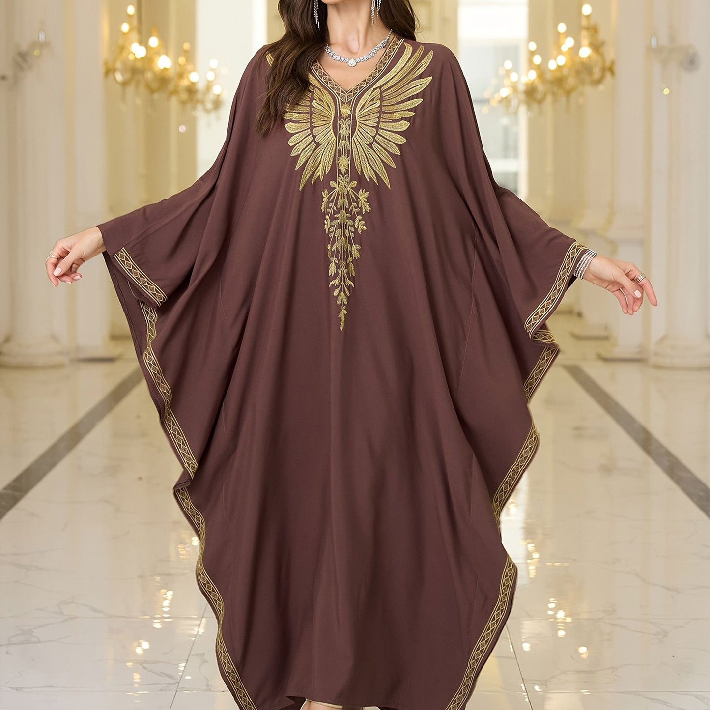 Elegant Plus Size Kaftan Dress with Embroidered Wings - V-Neck, Batwing Sleeves Abaya, Loose Fit Maxi Dress for Women - Suitable for Casual Wear, Parties & Special Occasions - Perfect Gift for Women