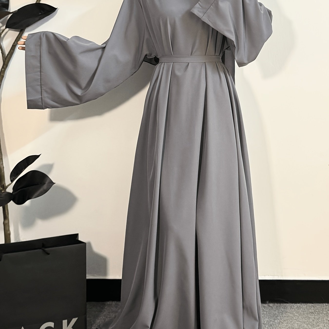Women's Long Polyester Palestinian Abaya Kaftan with Belt - 100% Polyester, Solid Color, Regular Long Sleeve, Loose Fit, H-Contour, Woven, Non-Stretch, All Seasons, Full-Length Islamic Prayer Dress