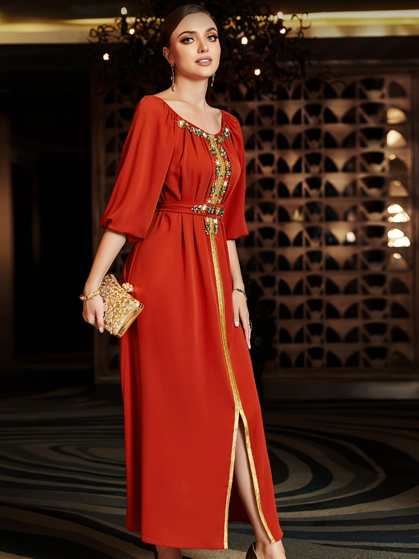 High-End Hand-Sewn Orange-Red Emirati Abaya with Diamond Design for Middle Eastern Gatherings And Festive Occasions.